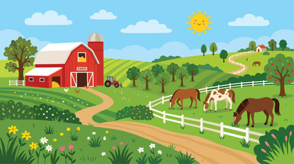 Obraz premium Cartoon farm landscape with red barn and horses, rural countryside background with grazing animals and tractor, colorful agriculture vector illustration