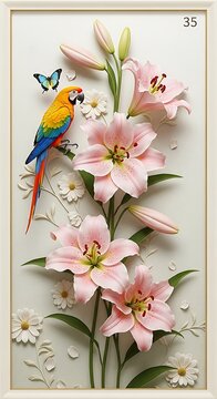 Colorful Parrot on Pink Lily Flowers 3D Wallpaper, pink lily flowers, tropical parrot, 3d wallpaper, floral wallpaper, mobile wallpaper, phone wallpaper, luxury floral art