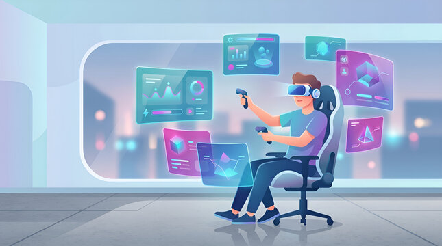Man wearing virtual reality headset and holding controllers sitting in office