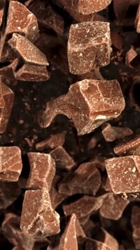 Super slow motion pieces of dark milk chocolate. Filmed on a high-speed camera at 1000 fps. High quality FullHD footage