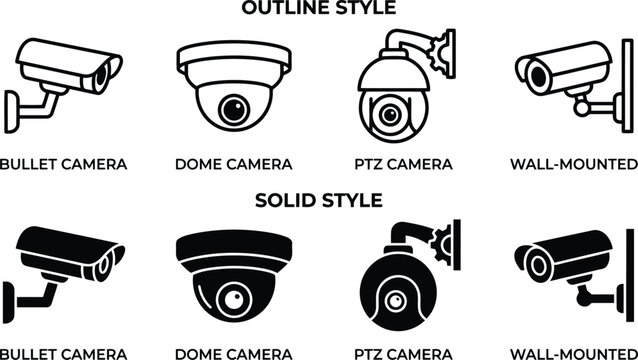 Collection of CCTV security camera icons in outline and solid styles