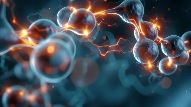 Animated 3D neural network with electrical impulses connecting synapses in a futuristic scientific visualization on a dark background.