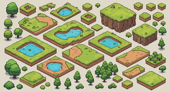 Isometric game tileset vector collection, green grass and blue water landscape map elements, 2D game environment design assets for level building