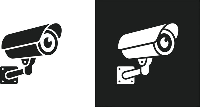 Modern CCTV security camera icons in black and white, monitoring surveillance