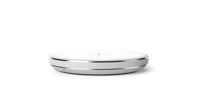 A sleek white wireless charging pad with a metallic silver rim sits on a white background.