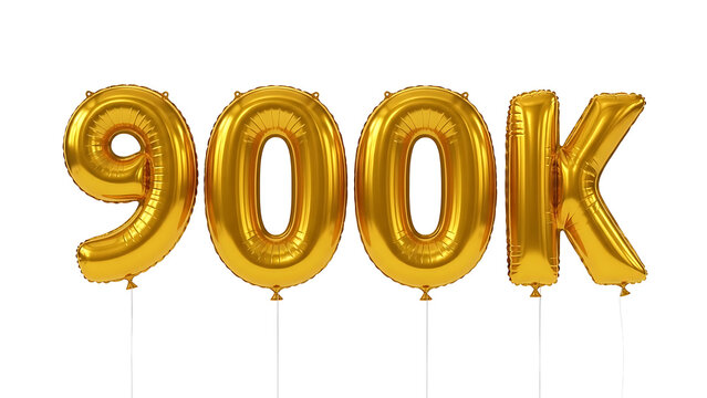 Golden 900k balloons floating against a white background number