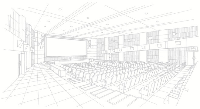 Modern Auditorium Interior Sketch with Rows of Seats.