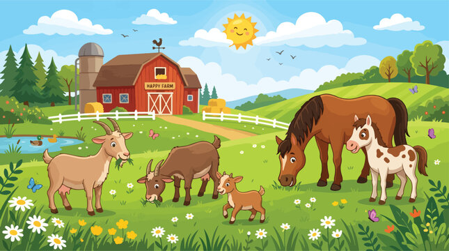 Cartoon farm landscape with cute animals, red barn and silo in rural countryside, horses and goats grazing on green meadow, sunny summer day vector