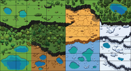 Fototapeta premium Fantasy world map tiles for tabletop gaming, isometric RPG game environment with forest and desert biomes, top down strategy game level design vector