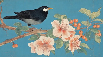 Fototapeta premium Classical Chinese painting vivid blue background black bird white eye open beak perched brown branch light green yellow leaves small orange berry fruits below cluster red light pink azalea flowers pro