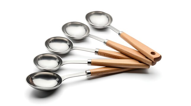 Set of six metal measuring spoons with wooden handles