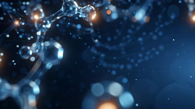 3D render of a molecular ATP structure with glowing energy bonds floating in a deep blue microscopic environment