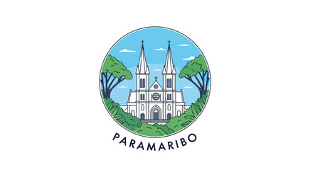 Fototapeta premium Illustrated Cathedral Building in Paramaribo City Emblem.
