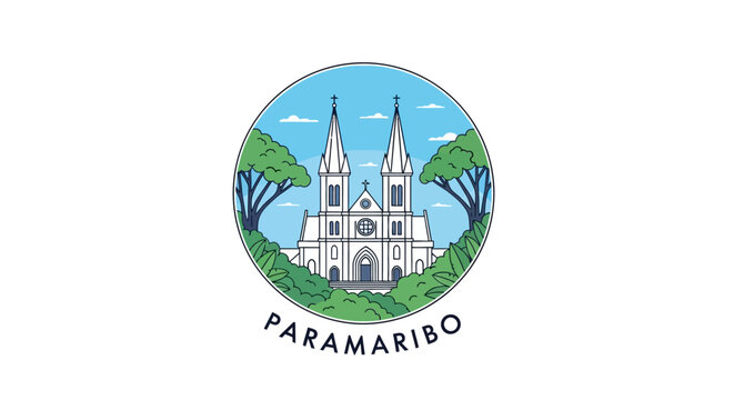 Illustrated Cathedral Building in Paramaribo City Emblem.