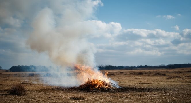 Small pile of burning combustible material releasing smoke and flames on dry grassy field