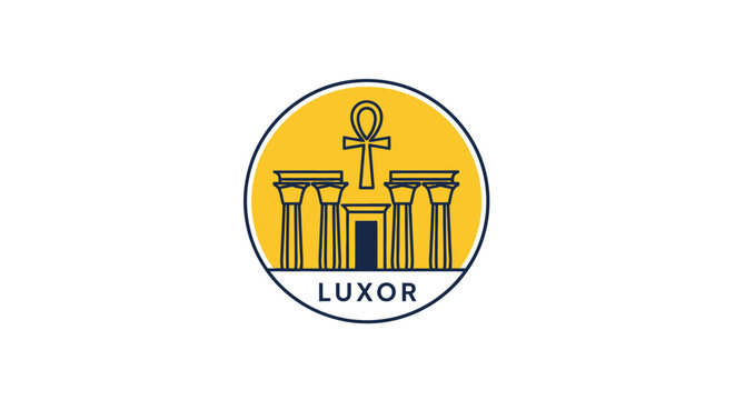 Vintage Luxor Logo with Egyptian Temple and Ankh Symbol.