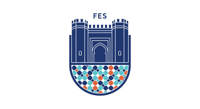 Colorful Heraldic Emblem Featuring Castle and Mosaic Design Pattern.