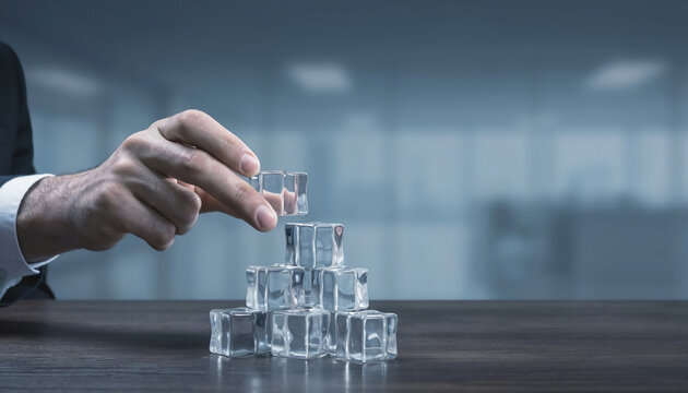 A business professional carefully stacking ice cubes to build a tower, symbolizing growth, strategy, and the challenges of building success with fragile elements in a corporate environment