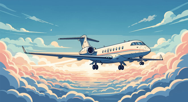 Stylized vector illustration of a white private business jet with visible landing gear, cruising through a clear blue sky above a dense layer of fluffy clouds at golden hour.