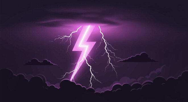 Vibrant purple and pink lightning bolt vector illustration striking through dark storm clouds at night with glowing electrical arcs and atmospheric lighting effects on a dark background.