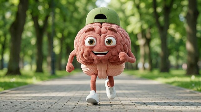 Walking brain mascot on park path, cheerful anthropomorphic brain wearing backwards cap and white sneakers, sunlight dappled canopy, summer pathway lined with trees, motion suggesting jog, vibrant