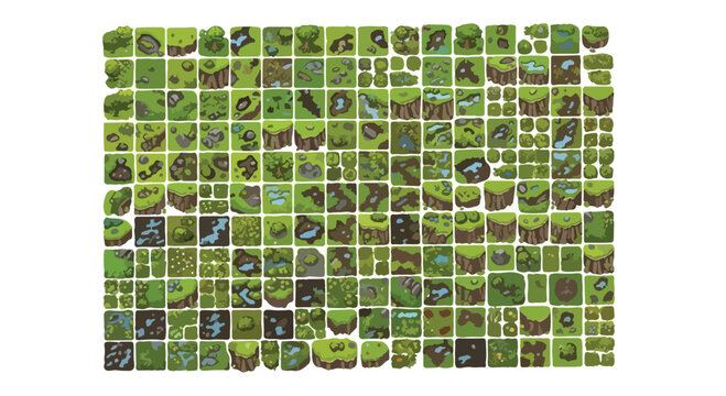 Pixel art game tileset, retro 2D platformer environment assets, green grass and dirt ground blocks for level design, vintage video game map creator
