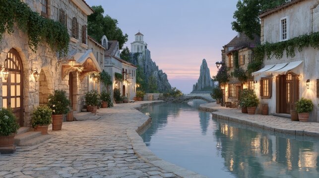 A serene, picturesque Mediterranean village scene at twilight, featuring stone buildings along a calm waterway leading toward distant coastal cliffs and a small church.