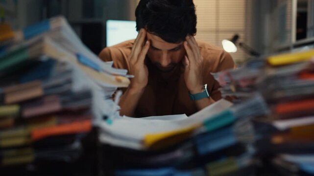 Stressed young Latin businessman having severe headache and migraine at desk in night office. Debt crisis, corporate burnout, late overtime workload, mental health anxiety, business failure concept.