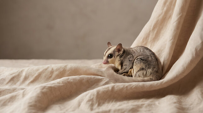 Luxury Fashion Brand Website Banner Featuring Sugar Glider on Soft Neutral Fabric Background
