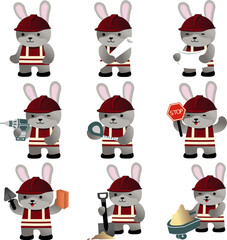 Obraz premium Cute Construction Rabbit Worker Character Set Vector Illustration Collection Isolated on Transparent Background