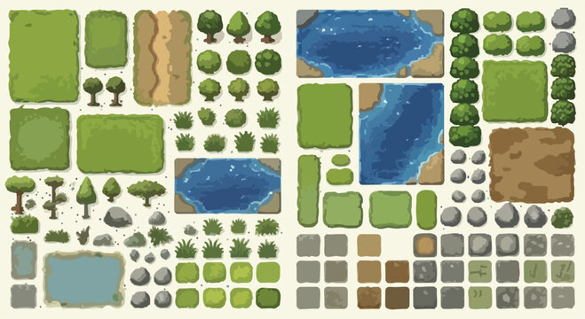 Top-down game map assets, 2D environment tileset with green grass and blue water, nature landscape elements for mobile gaming, vector level design kit
