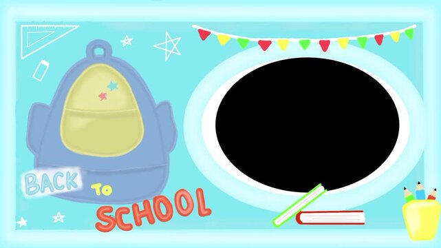 Back to School Animated Loop Vector Blue Frame with Backpack and School Supplies