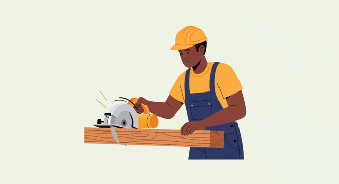 African American construction worker in yellow hard hat and blue overalls using a circular saw to cut a wooden plank, flat vector illustration of a professional carpenter on white background.