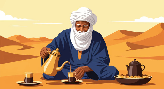 Vector illustration of an elderly Tuareg man wearing a blue robe and white turban pouring traditional tea in a desert landscape with sand dunes and a clear yellow sky background.