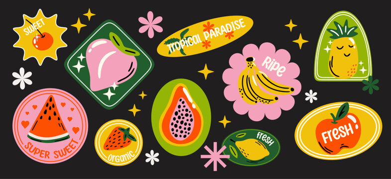 Tropical summer fruits vector sticker set with cartoon retro groovy funky colorful illustration of different healthy food labels, badges, paper tags for grocery packaging aesthetic