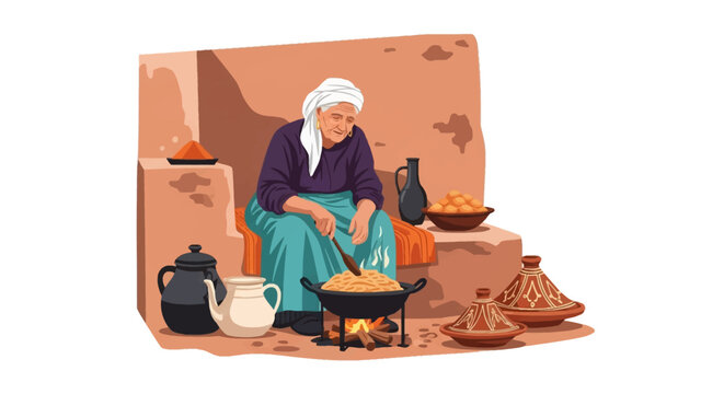 Vector illustration of an elderly woman in traditional Middle Eastern clothing sitting by an earthen wall, stirring food in a large pot over an open wood fire surrounded by tagines