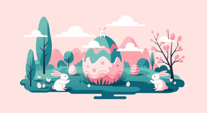 Flat vector landscape featuring white bunnies, a giant patterned Easter egg, and stylized teal trees under a pink sky with clouds and mountains in a spring nature scene.
