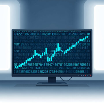 Digital financial bar chart and numerical data grid displayed on a computer monitor screen in a minimalist high-tech laboratory setting with soft ambient light panels.