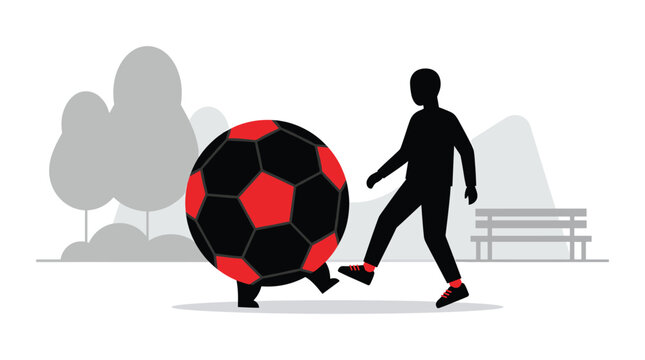 Soccer ball and silhouetted figure in a vector illustration with a scenic background football sphere polygon pentagon hexagon red black silhouette person athlete sportsman running