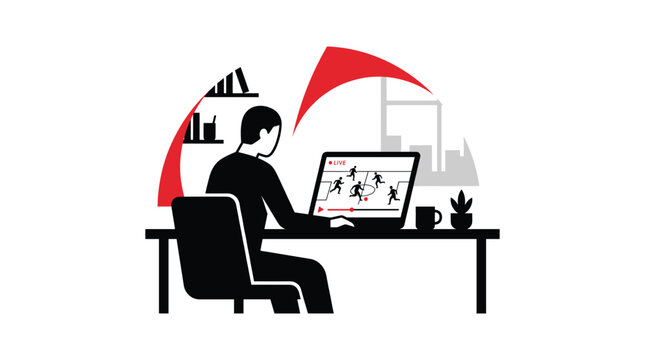Silhouette of a man watching a soccer game on a laptop vector illustration person figure football match sport athlete player competition computer screen display technology