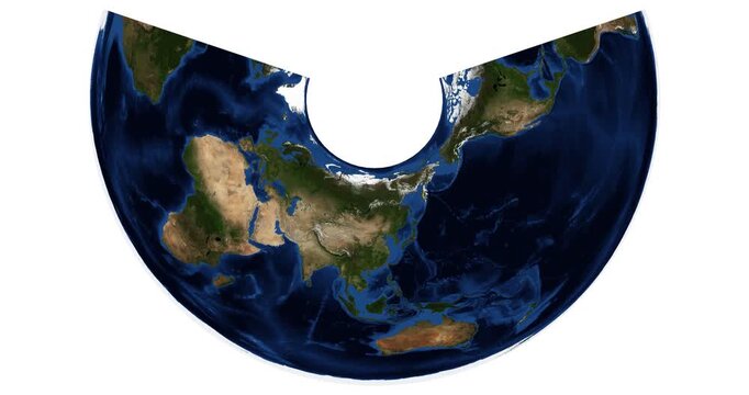 World Map in Albers equal-area conic projection. Animated longitude shift and rotation. High detail physical map. June View. Elements of this video furnished by NASA.