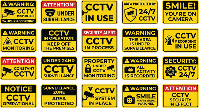 Collection of Yellow CCTV Security Warning and Information Signs