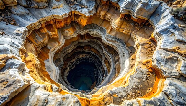 A stunning aerial view of a deep, layered sinkhole with vibrant orange and gray hues