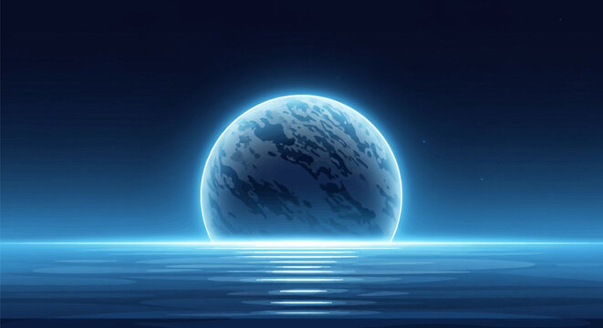 Large glowing blue moon or planet with textured surface rising over a calm sea horizon at night with bright light reflections on water ripples under a dark starry sky.