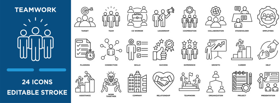 Teamwork  icon collection set. Containing design target, team, co worker, leadership, cooperation, and stakeholdericon. simple line vector editable	