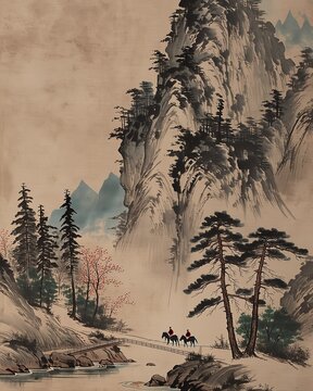 Ink wash painting serene mountain valley scene formidable rocky mountain grey black top dark green foliage worn light brown texture valley pathway meandering small water body spanned by bridge left ta