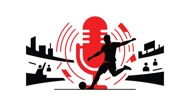 Soccer player silhouette with microphone and cityscape red and black vector illustration football athlete sportsman kicker striker goal game match competition tournament broadcasting audio voice