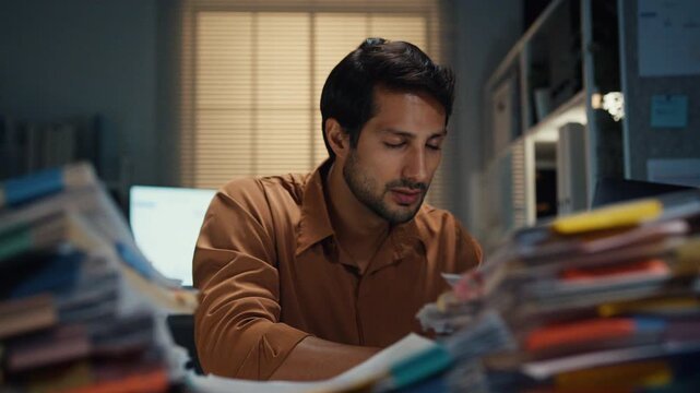 Sleepy young Latin businessman yawning over heavy paperwork stack at desk in dark night office. Overwork burnout, working late overtime, corporate job stress, exhausted professional manager concept.