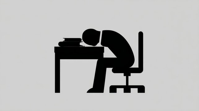 66.Glyph style icon of an exhausted office worker slumped over a desk, solid silhouette design, simple shapes, burnout and mental fatigue awareness symbol