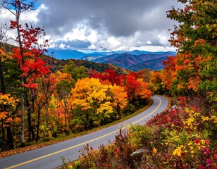 Obraz premium A winding road through a vibrant autumn landscape with colorful trees